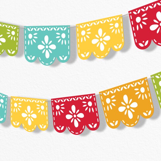 Big Dot of Happiness; Big Dot of Happiness Let's Fiesta Garland Banner, Mexican Fiesta Party Decorations, 30 Feet of Cord, 15 Double-Sided Colorful Paper Picado Banner Shapes; Category:Banners; Image:1